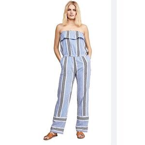 Lemlem Kesiti Strapless Jumpsuit blue print ruffle top sz small